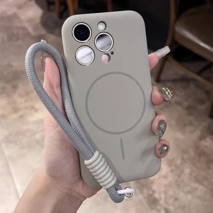 Light gray smartphone case with a built-in lanyard and camera cutouts.