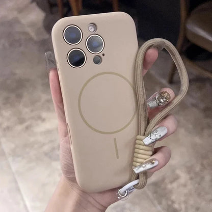 Beige phone case with an attached lanyard and a magnetic charging ring.