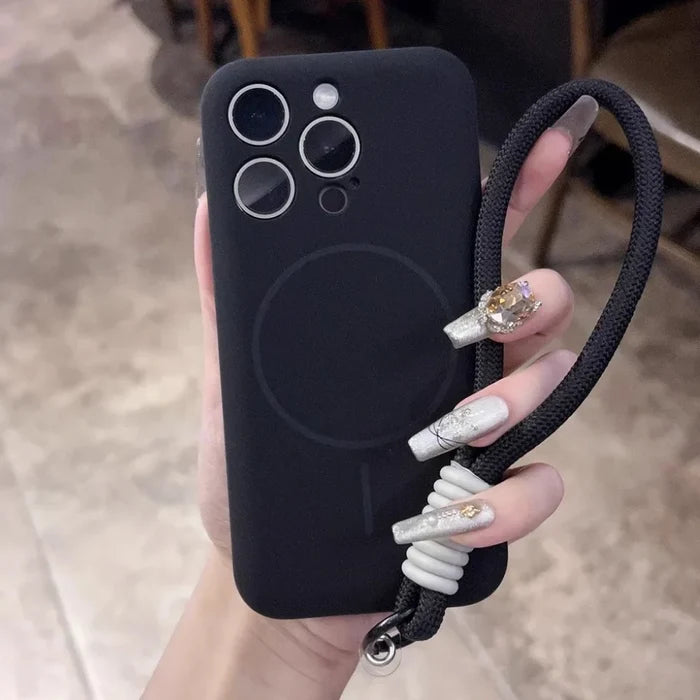 Black iPhone case with a magnetic circle and a black braided lanyard.