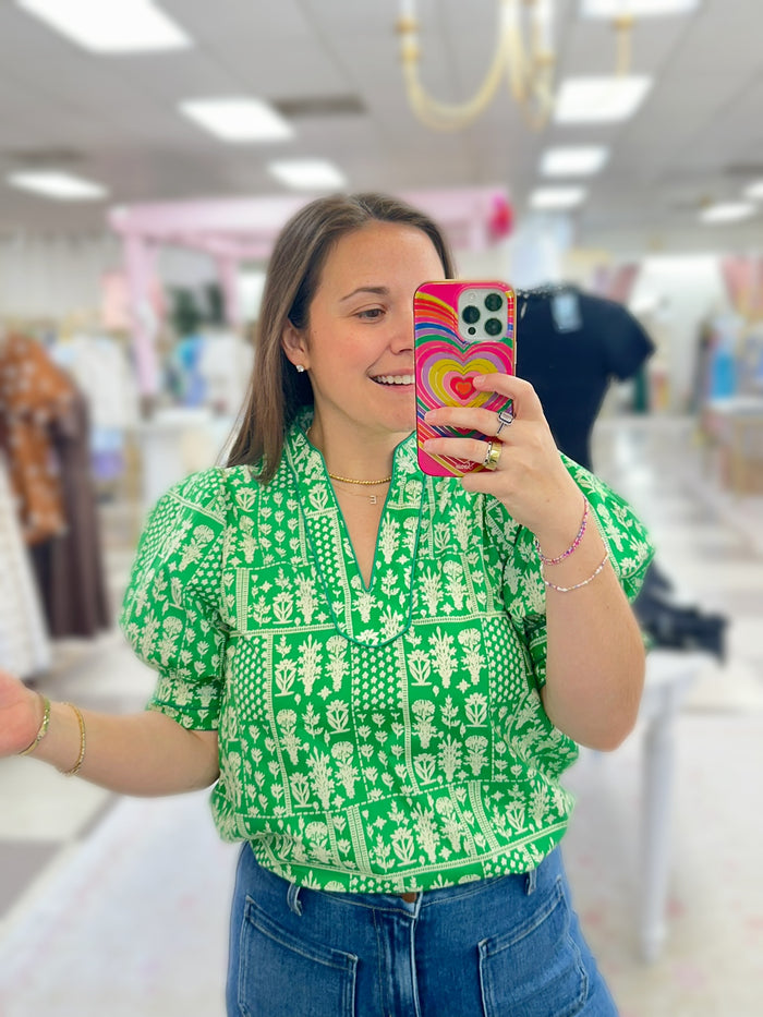 Mahjong Puff Sleeve Top (Green)
