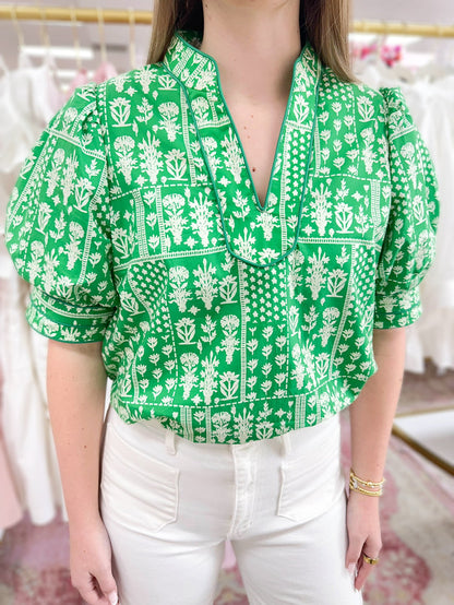 Mahjong Puff Sleeve Top (Green)