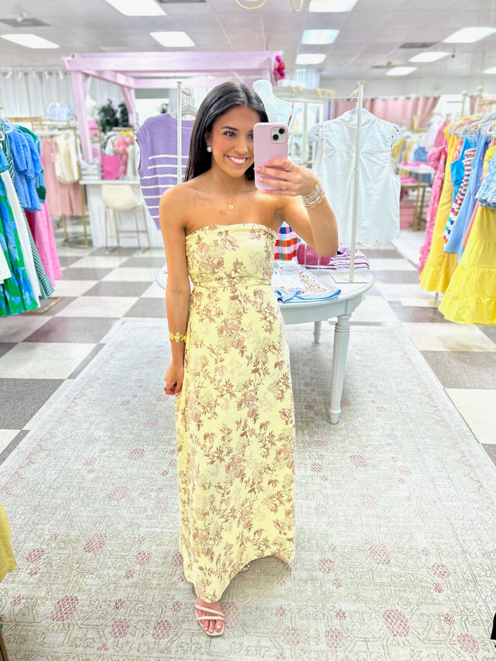 Margie Strapless Yellow Floral Maxi Dress