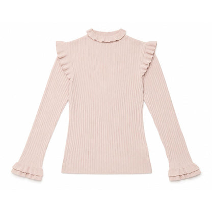 Blush pink ribbed turtleneck sweater featuring ruffle details on the collar, shoulders, and long sleeve cuffs.