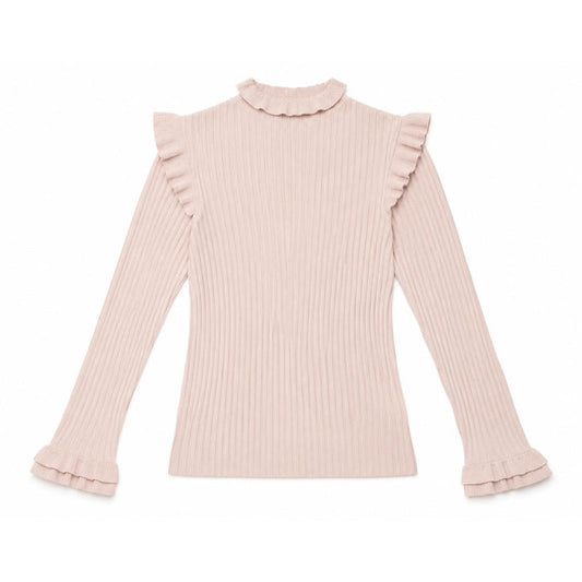 Blush pink ribbed turtleneck sweater featuring ruffle details on the collar, shoulders, and long sleeve cuffs.