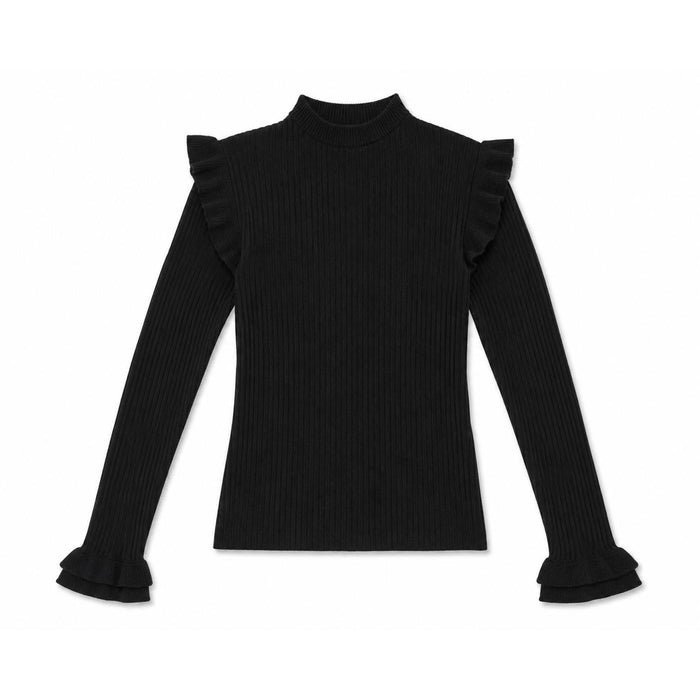 Black ribbed turtleneck sweater featuring ruffled shoulders and flared ruffle cuffs in a fitted silhouette.