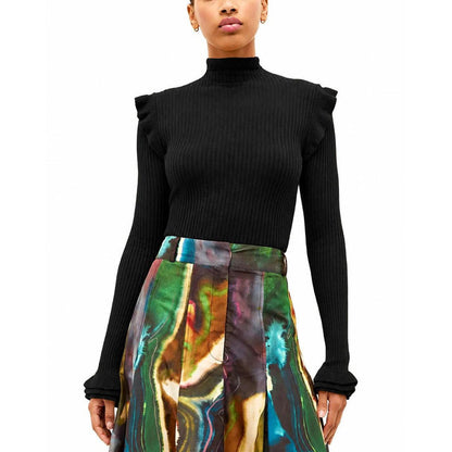 Black ribbed Marie Oliver Tinley turtleneck sweater featuring ruffled shoulders and long sleeves with ruffled cuffs.