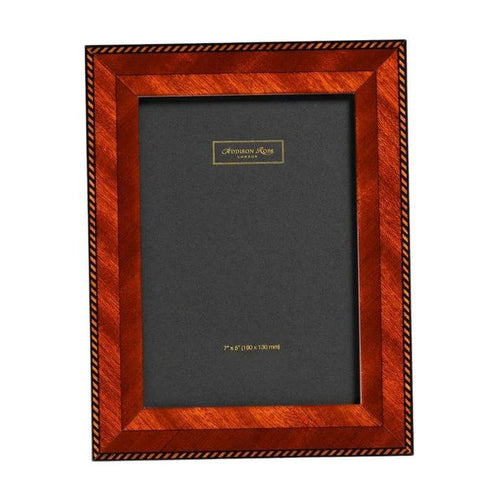 5x7 poplar wood veneer picture frame with a rich lacquer finish and an elegant black and gold rope-pattern border.