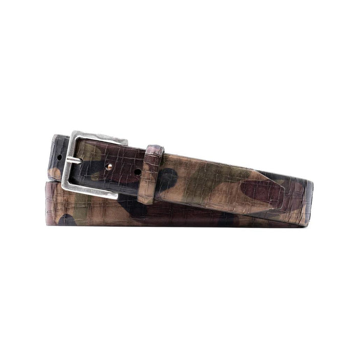 Martin Dingman 1 ⅜" Italian camo saddle leather belt with cross-cut texture and silver-tone buckle.