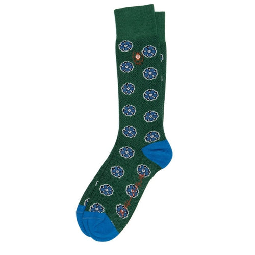 Martin Dingman green Peruvian Pima cotton socks featuring a blue floral pattern with a contrasting blue heel and toe.