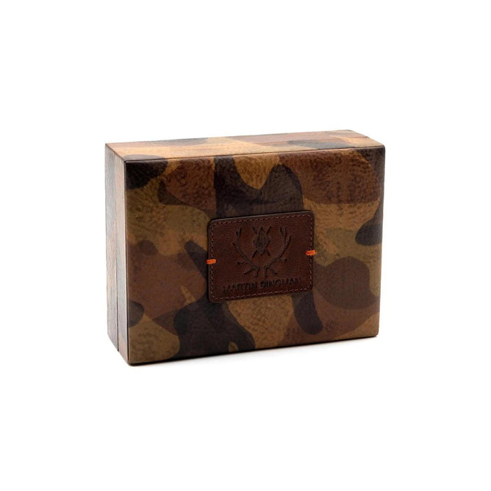 Martin Dingman Italian saddle leather playing card case in brown camouflage print with a branded leather patch.