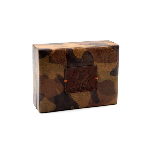Martin Dingman Italian saddle leather playing card case in brown camouflage print with a branded leather patch.