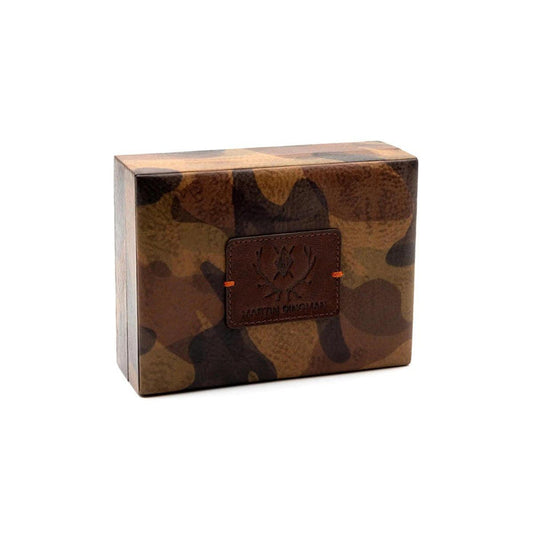Martin Dingman Italian saddle leather playing card case in brown camouflage print with a branded leather patch.