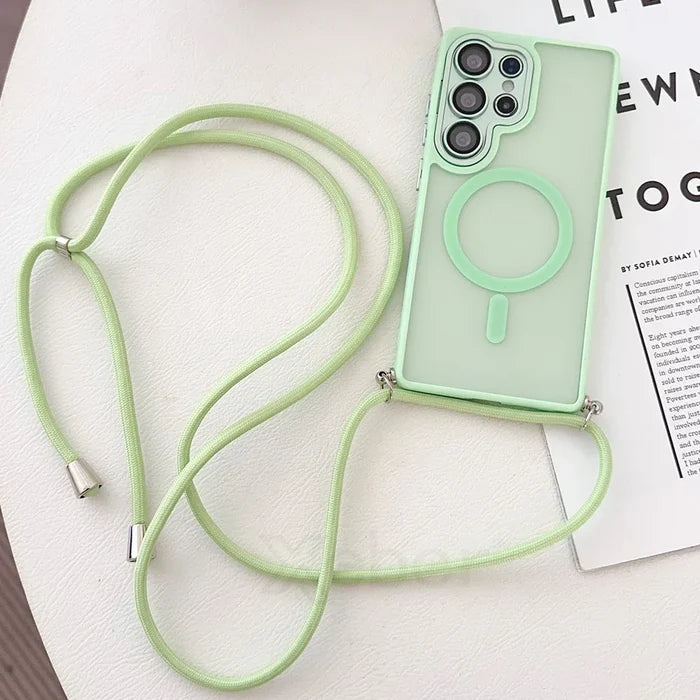 Mint green phone case with crossbody strap.