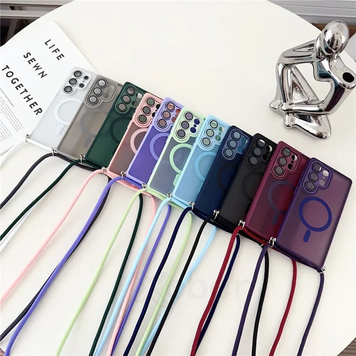 Colorful phone cases with straps.