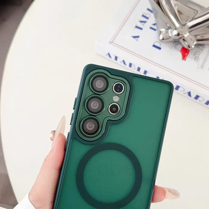 Green phone case with camera lens cutouts and magnetic ring.