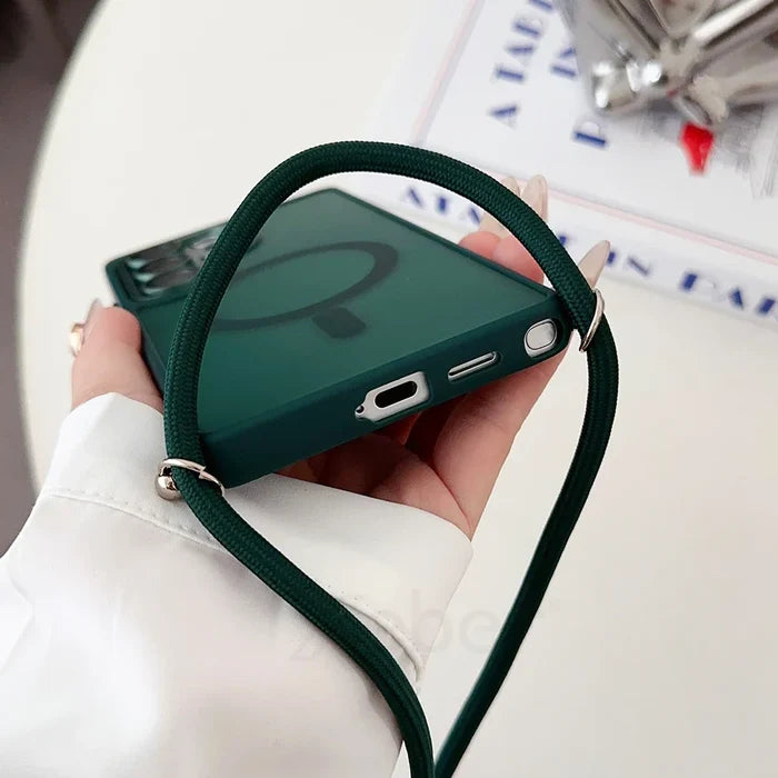 Green phone case with a crossbody strap.
