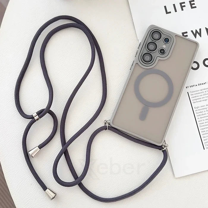 Gray phone case with lanyard.