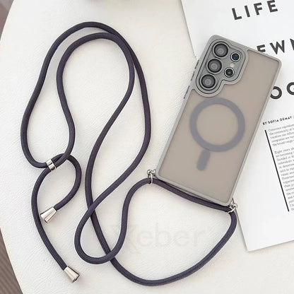Gray phone case with lanyard.