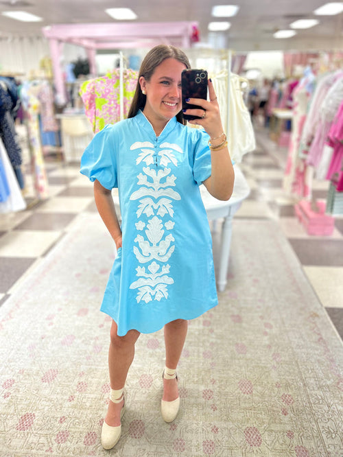 Mayan Mini Dress (Baby Blue & White)
