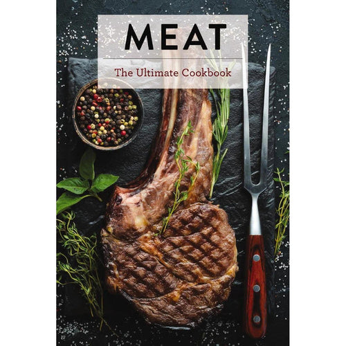 Meat The Ultimate Cookbook cover featuring a grilled tomahawk steak, herbs, peppercorns, and a carving fork on slate.