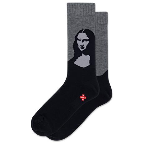 Black socks with Mona Lisa design on a white background