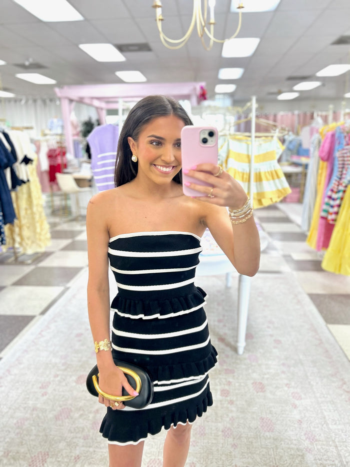 Midnight Muse Knit Mini Dress (Black/White Strapless)