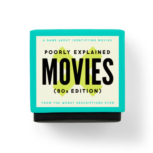 A teal and black game box, Brass Monkeys Mini Poorly Explained Movies - 80s Edition, is a party game where you guess 80s films from hilariously bad descriptions.