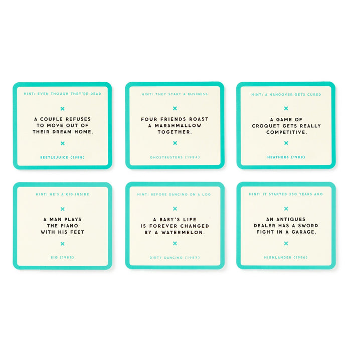 Mini Poorly Explained Movies - 80s Edition by Brass Monkey features six teal-bordered cards with movie hints, clues, and titles like Beetlejuice (1988) and Heathers (1989), arranged in two rows for a nostalgic party game.