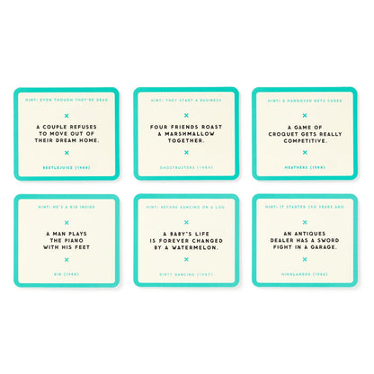 Mini Poorly Explained Movies - 80s Edition by Brass Monkey features six teal-bordered cards with movie hints, clues, and titles like Beetlejuice (1988) and Heathers (1989), arranged in two rows for a nostalgic party game.