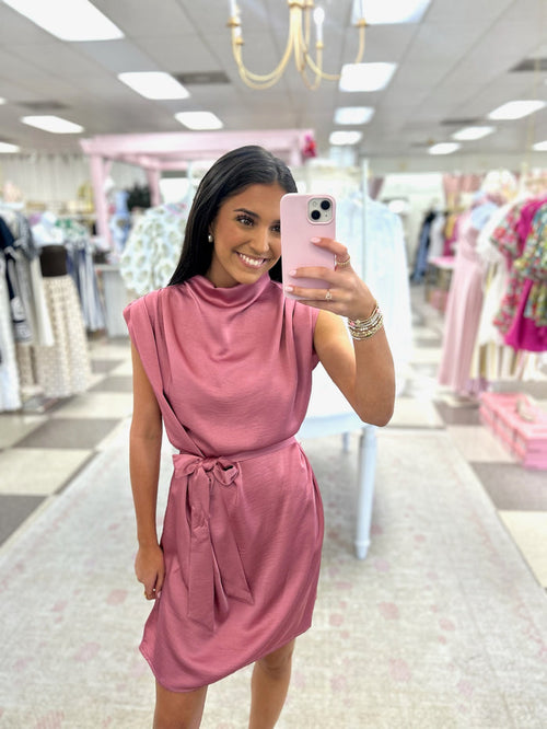 Mitzy Cowl Neck Tie at Waist Mini Dress ( Rose Pink)