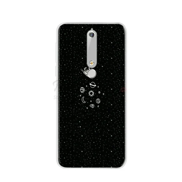 Black phone case with space-themed design.