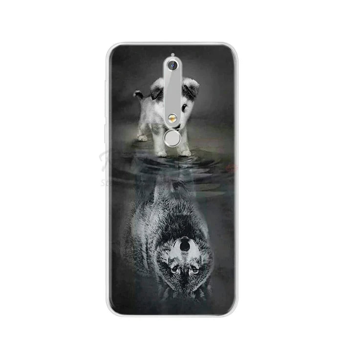 Smartphone case with puppy and wolf reflection design.