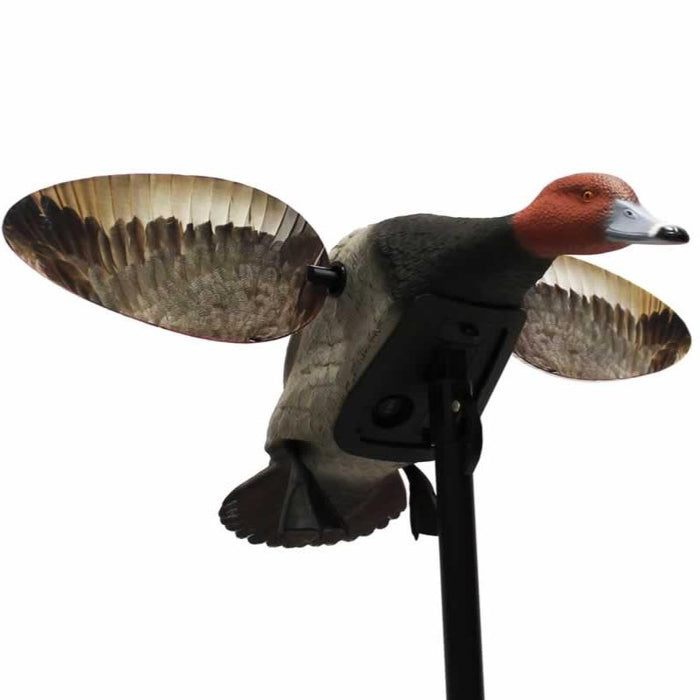 MOJO Elite Series Redhead duck decoy with realistic paint, magnetic wings, and a rigid internal frame on a support pole.