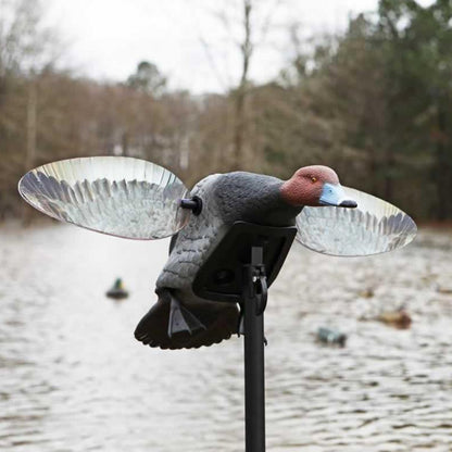 MOJO Elite Series Redhead duck decoy with realistic paint, magnetic wings, and internal frame on a support pole.
