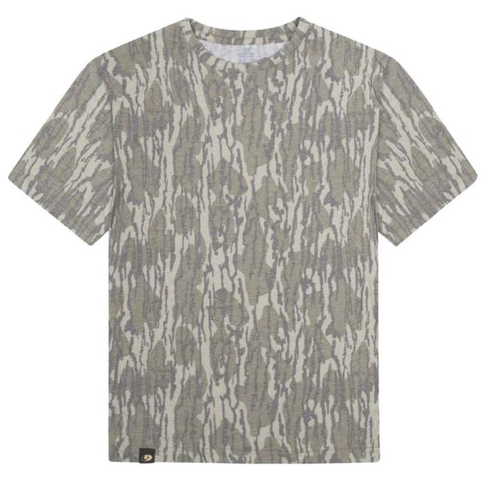 Mossy Oak tri-blend crewneck t-shirt in a washed-out camo pattern with a soft, vintage-inspired texture and small logo tag.