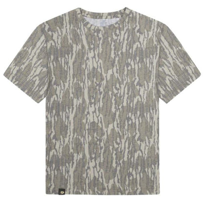Mossy Oak tri-blend crewneck t-shirt in a washed-out camo pattern with a soft, vintage-inspired texture and small logo tag.