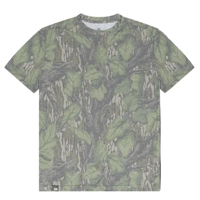 Mossy Oak tri-blend camo t-shirt in a soft, washed-out green and grey leaf pattern with a comfortable crew neck fit.
