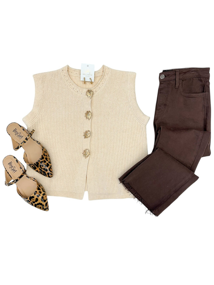 Myla Cream Sweater Vest Top with Floral Buttons