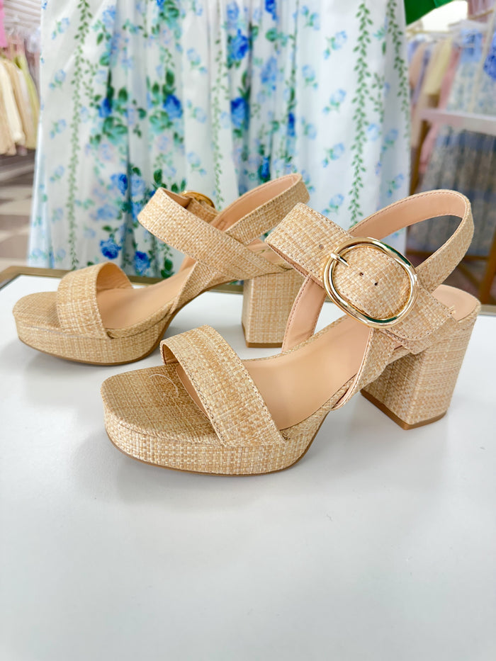 Natural Raffia Gold Buckle Block Heel