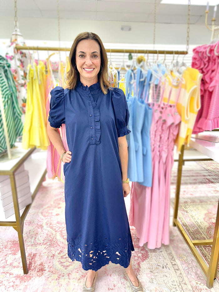 Navy Belle Eyelet Hem Midi Dress