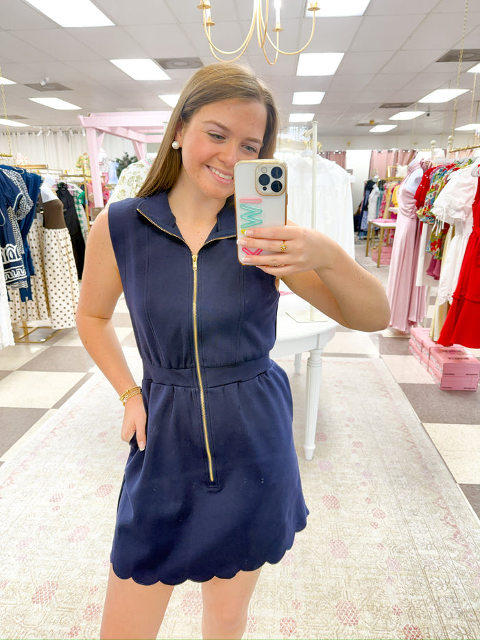 Navy Sleeveless Scallop Zip Up Dress
