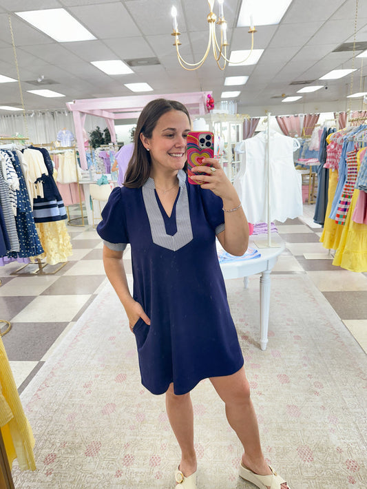 Navy with Pinstripe Detail Shift Dress