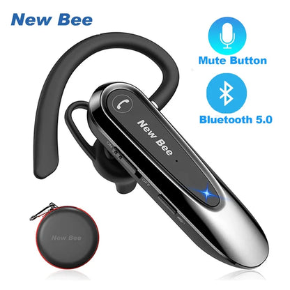 Black Bluetooth headset with carrying case.