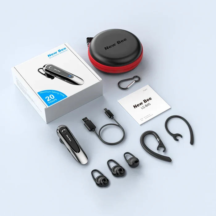 New Bee Bluetooth headset with accessories.