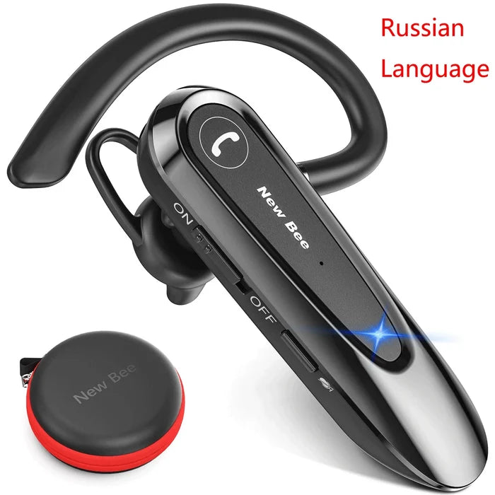 Black Bluetooth headset with ear hook.
