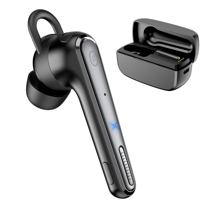 Black wireless earpiece with charging case.