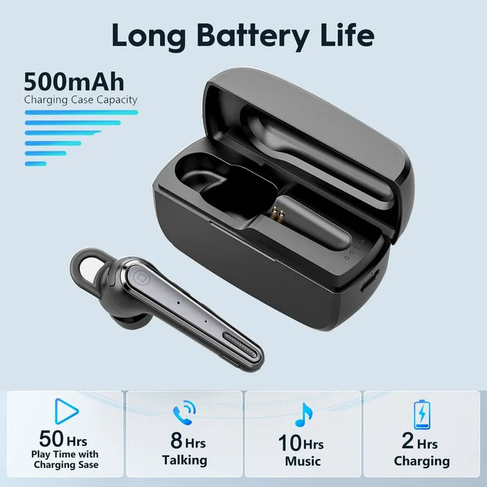 Black wireless earbud and charging case.