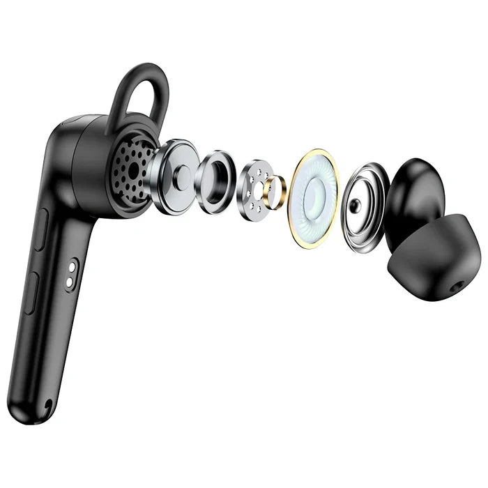 Exploded view of a black Bluetooth headset.
