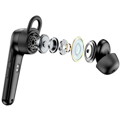 Exploded view of a black Bluetooth headset.