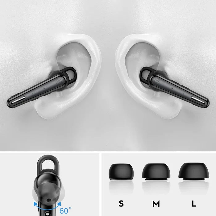 Black wireless earbuds with ear tips.